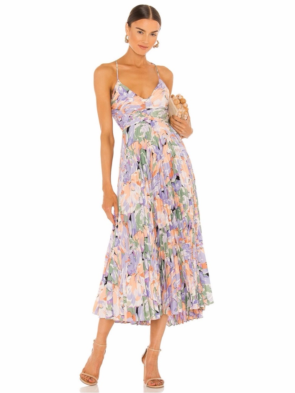 Astr Floral Pleated Spaghetti-Strap Midi Dress - Lavender, Peach & Green